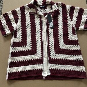 NOVA MEN Crochet Button Up Striped Burgundy White Sweater Size M